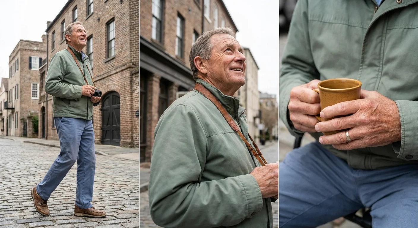 A senior man explores the historic cobblestone streets of Charleston with a camera.