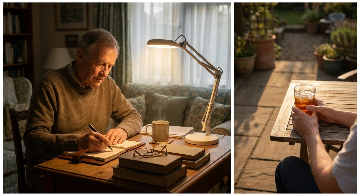 A senior man journaling at his desk illuminated by a bright sunlight lamp.