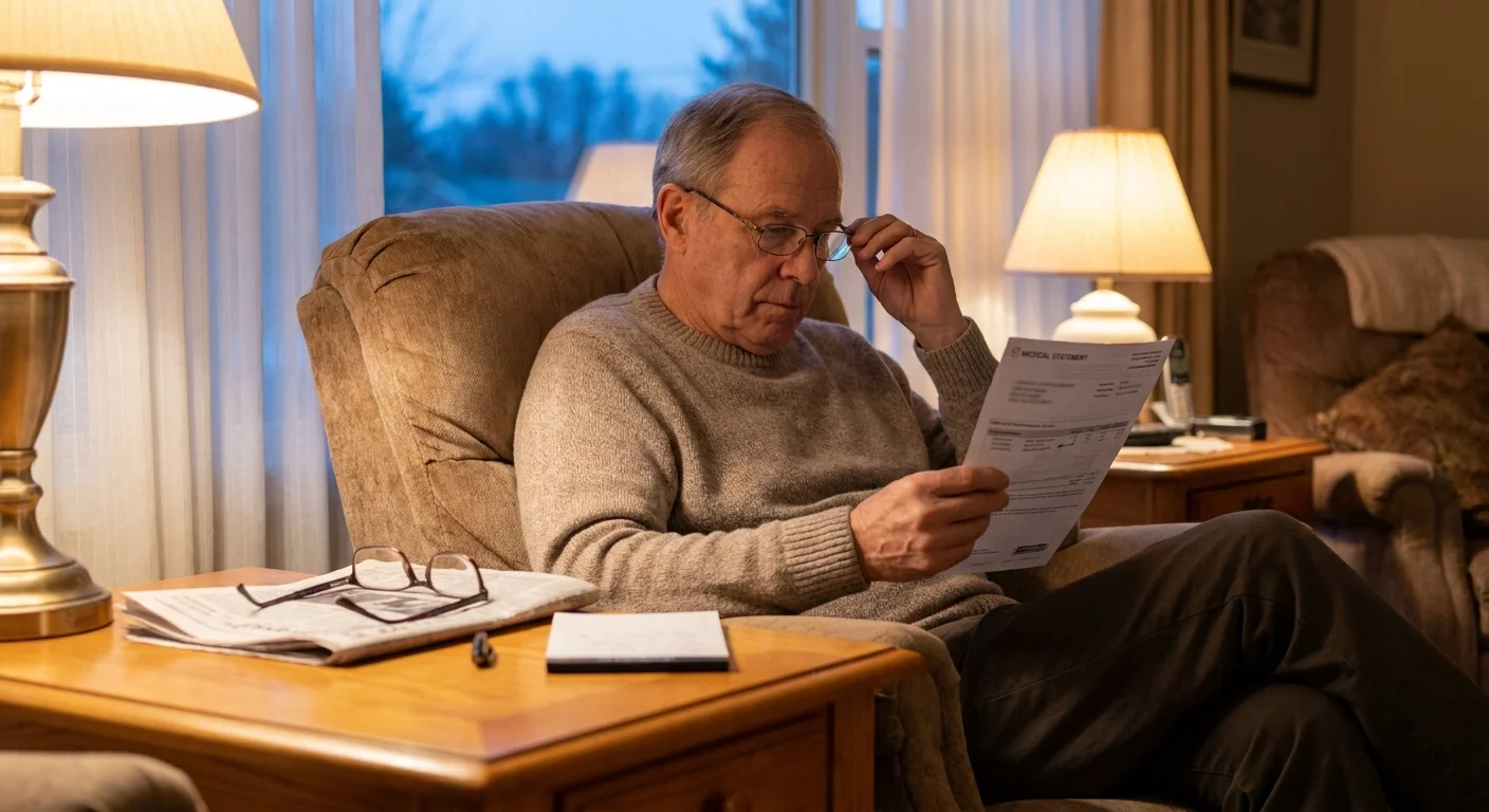 A senior man reviews a medical statement in a cozy, lamp-lit living room.