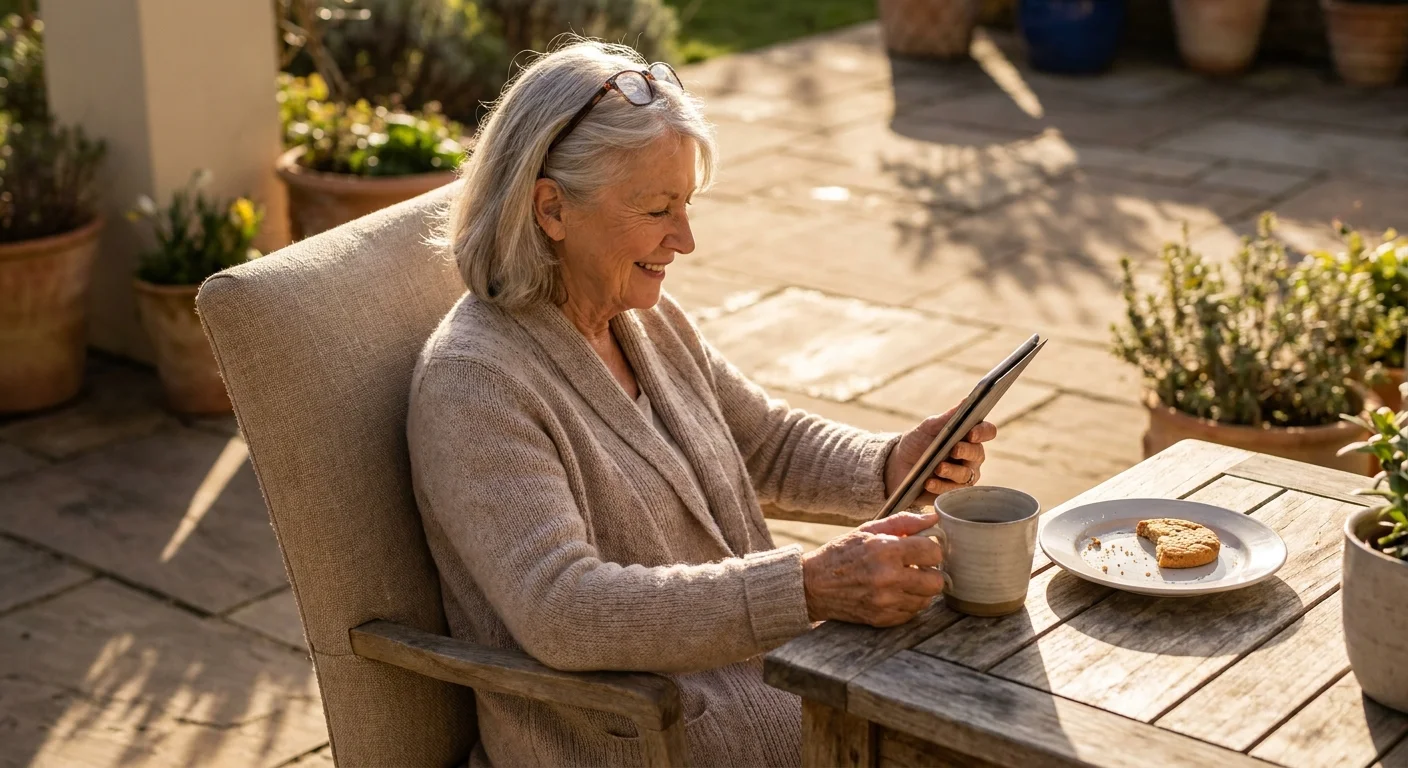 A senior woman contentedly reading on a tablet during golden hour on her patio.