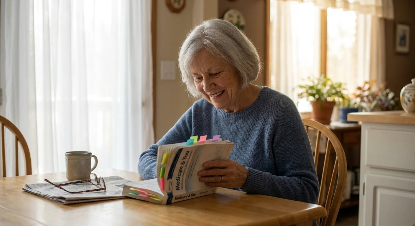 A senior woman in a sunlit kitchen reviews a handbook with sticky notes and reading glasses nearby.