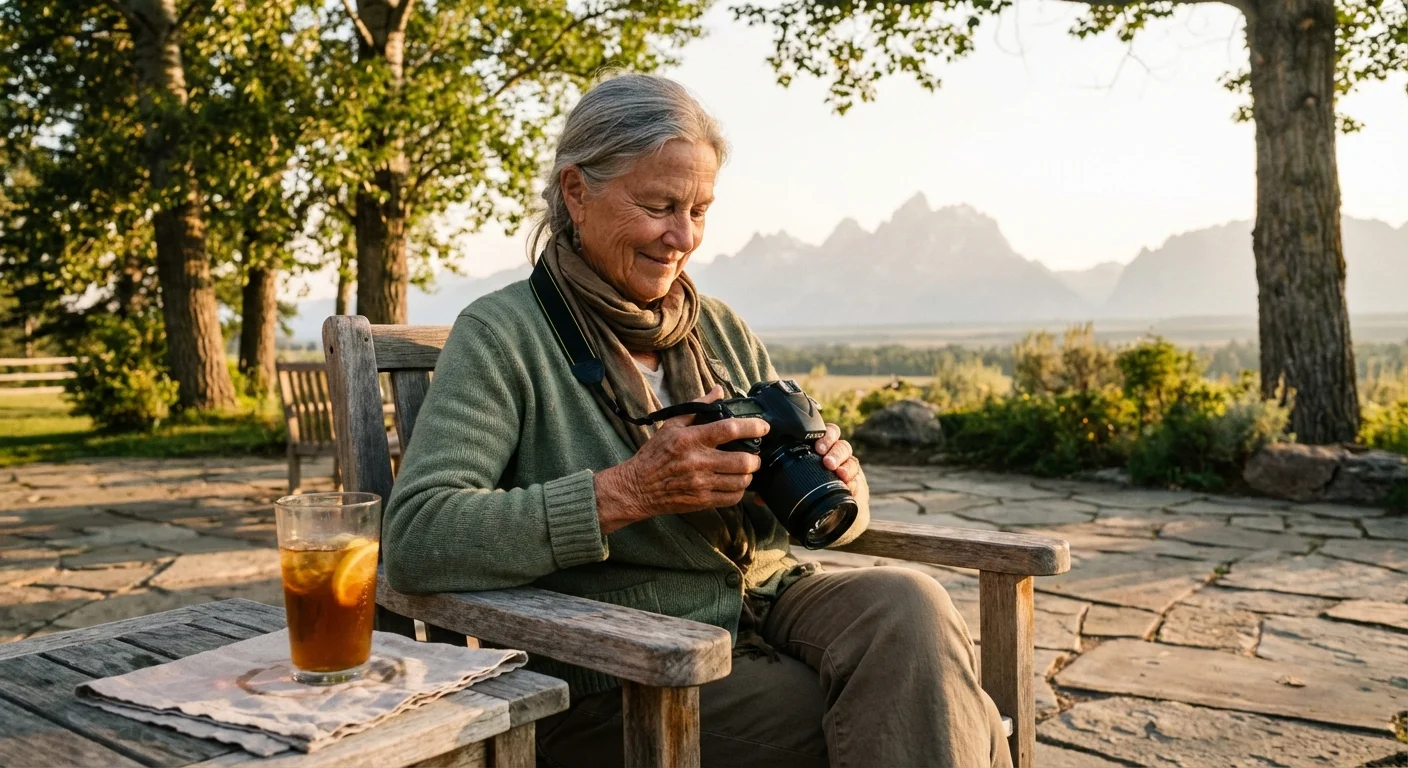 A senior woman reviews her nature photography at Grand Teton National Park.