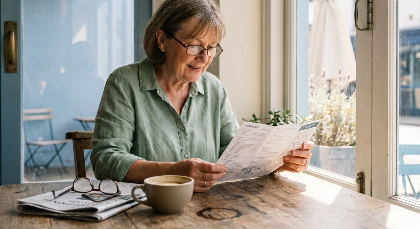 A senior woman reviews her travel plans at a sunlit cafe table with her glasses and a newspaper nearby.