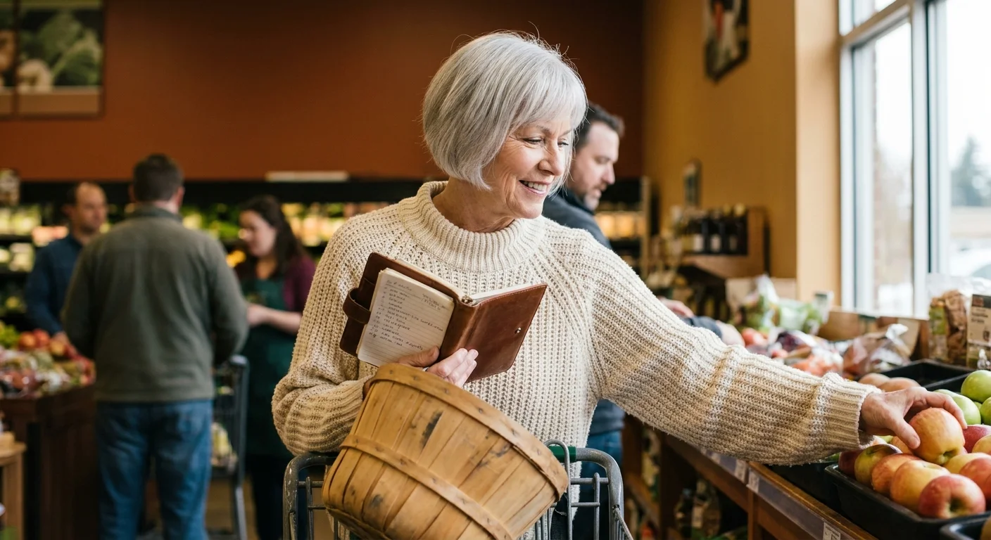 A senior woman shopping for fresh vegetables at a bright local market, holding her shopping list.