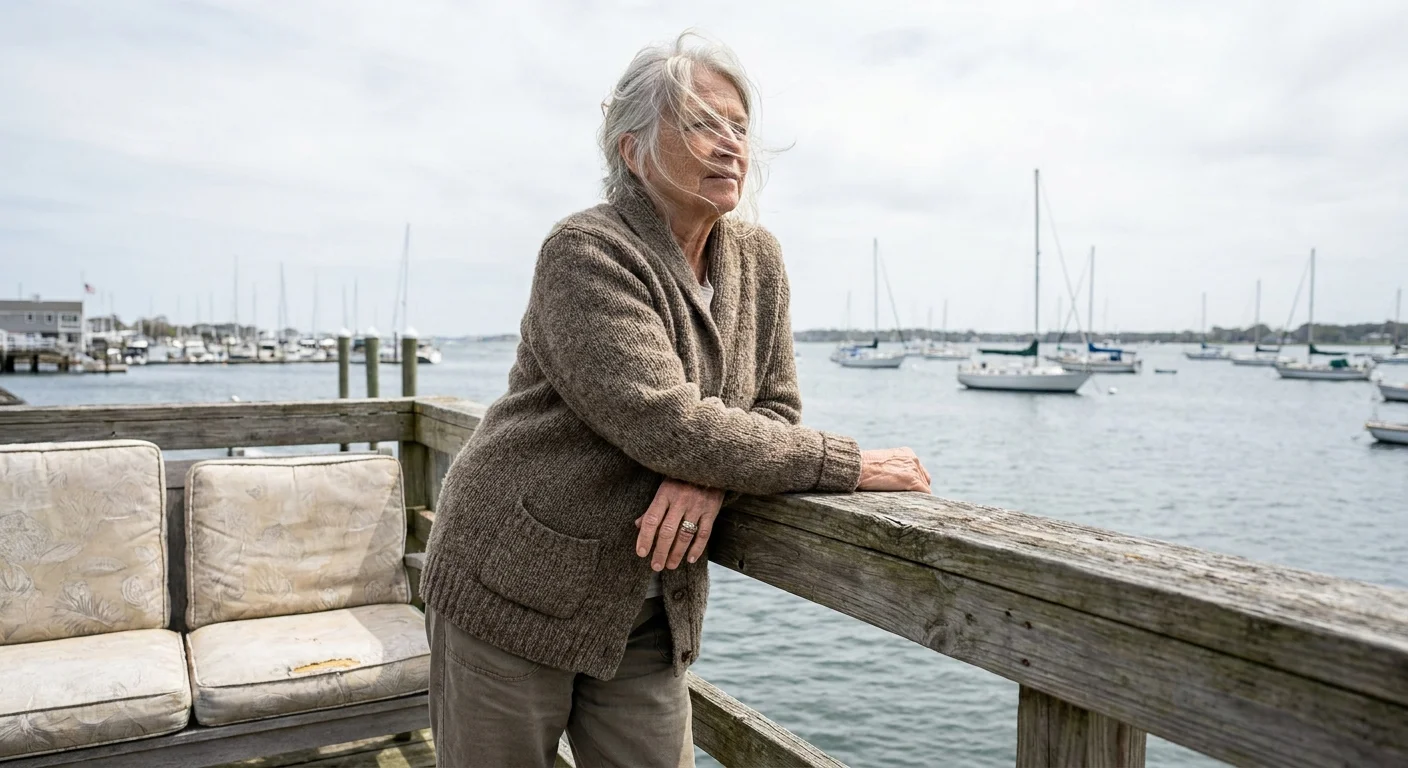 A senior woman with silver hair looks out at the sailboats in Newport harbor from a wooden pier.
