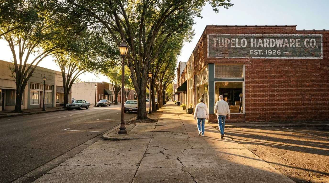 A sunny, tree-lined main street in Tupelo, Mississippi, showing a quiet and affordable small-town environment.