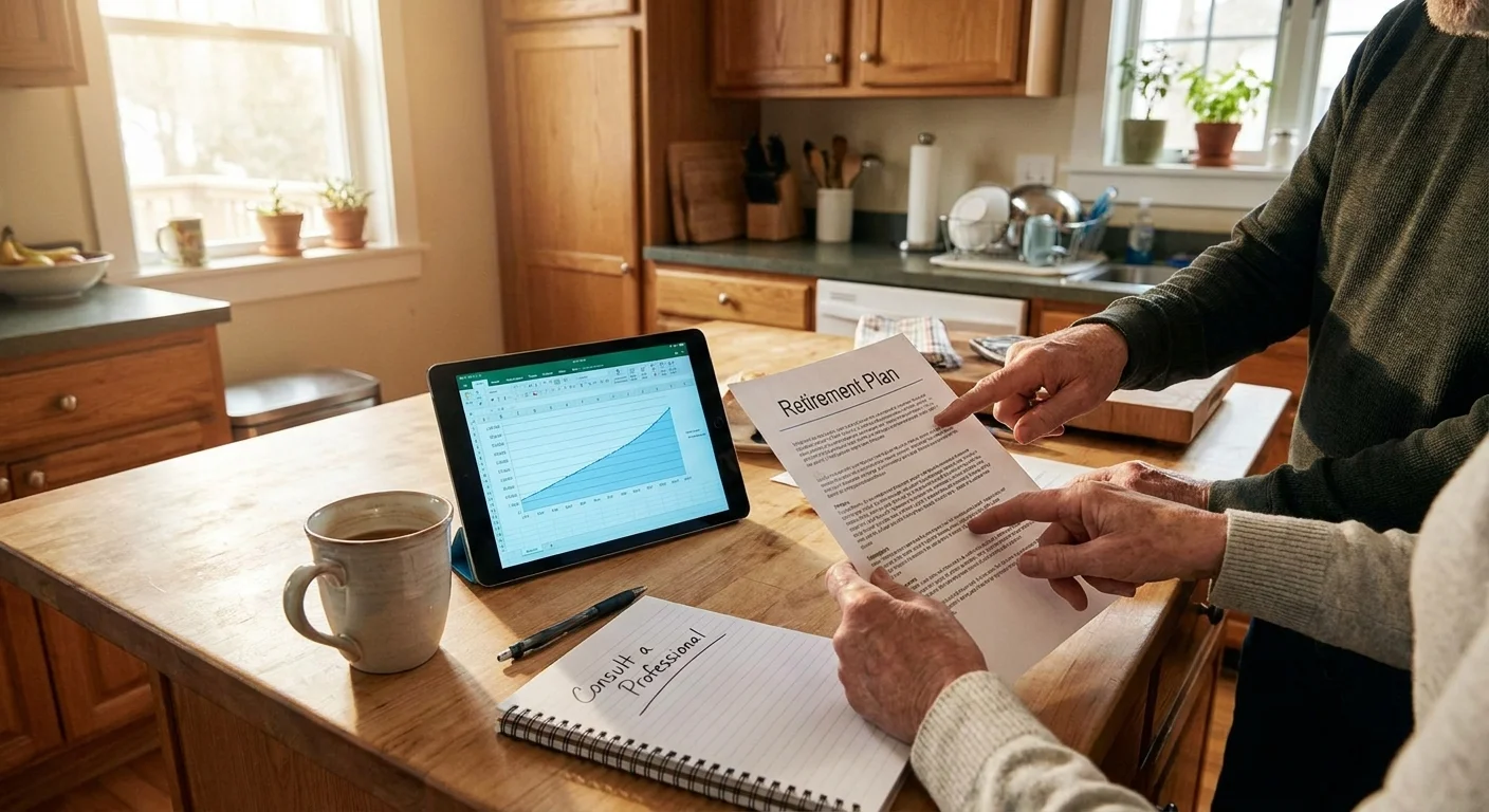 A top-down view of hands reviewing a retirement plan and a notepad with the words 'Consult a Professional'.