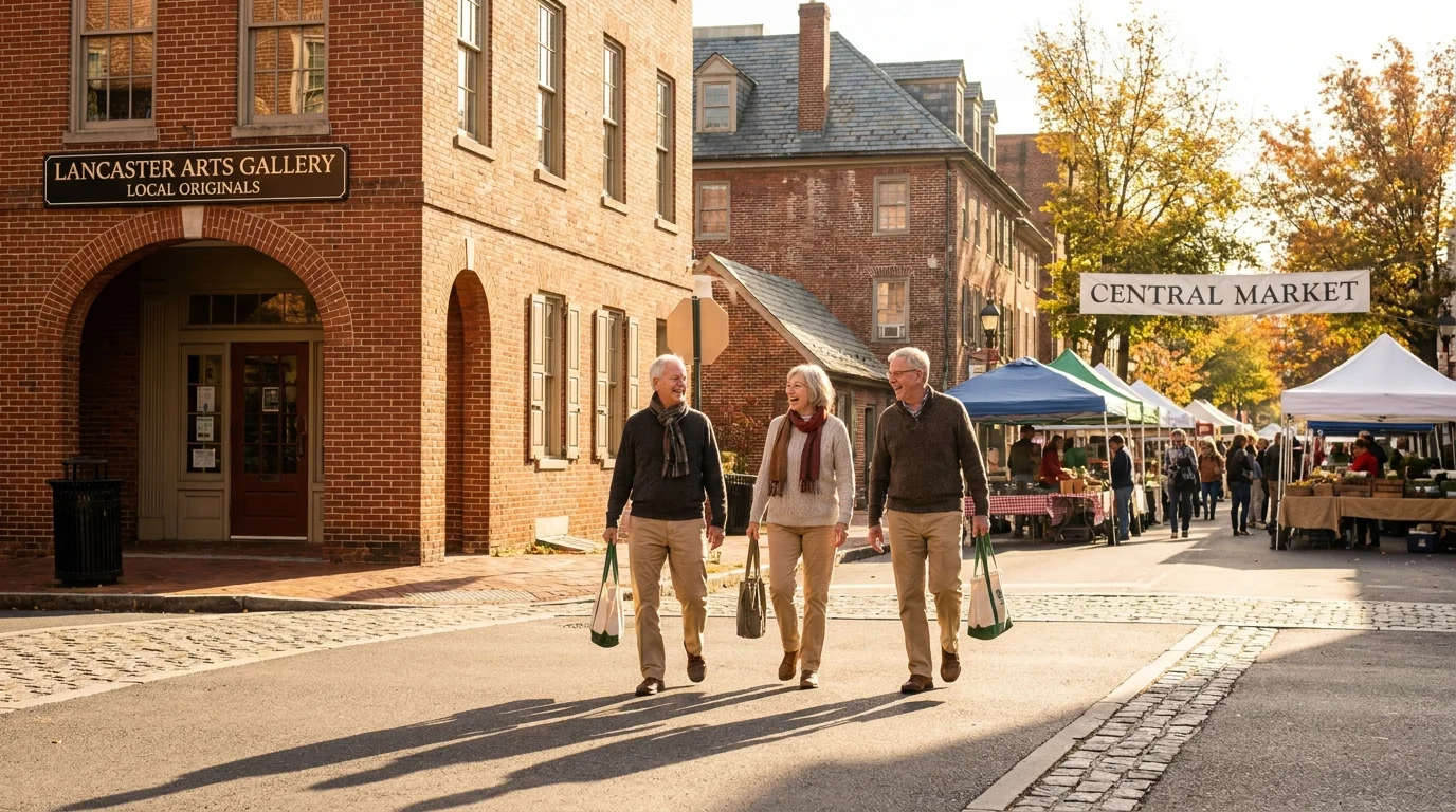 A walkable street in historic Lancaster, PA, featuring brick architecture and active seniors walking to a market.