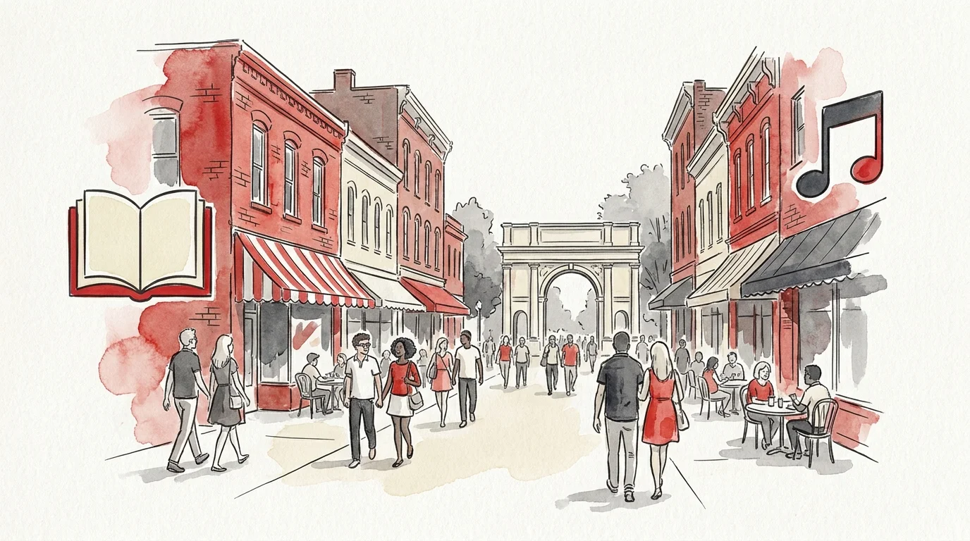 A watercolor and ink drawing of a walkable college town street in Athens, Georgia, with icons for learning and culture.