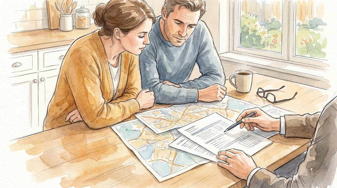 A watercolor illustration of a couple consulting with an advisor at their kitchen table over maps and documents.