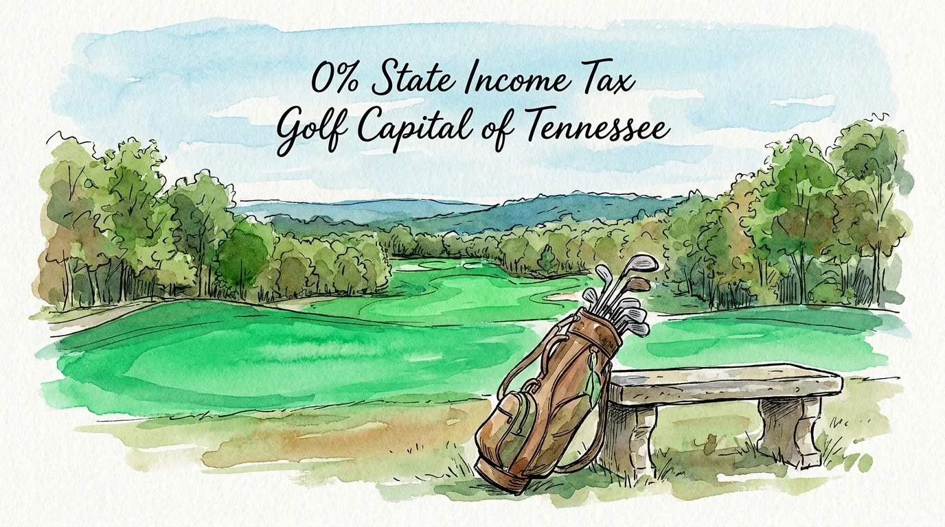 A watercolor illustration of a Tennessee golf course with handwritten labels highlighting the lack of state income tax.