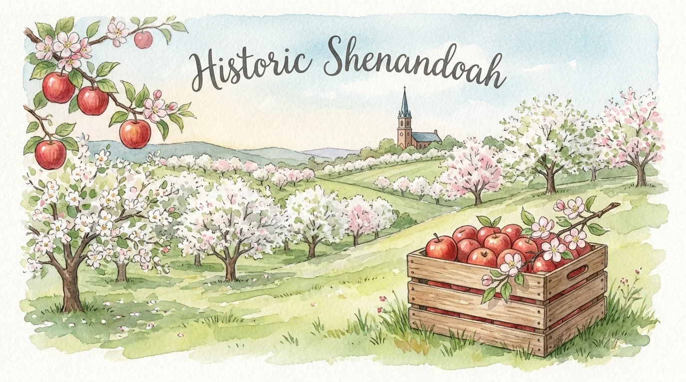 A watercolor painting of a Winchester apple orchard in bloom with a historic church steeple in the distance.