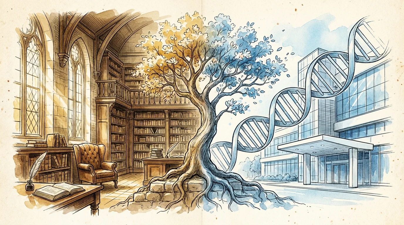 A watercolor split-composition showing a university library and a modern medical facility.