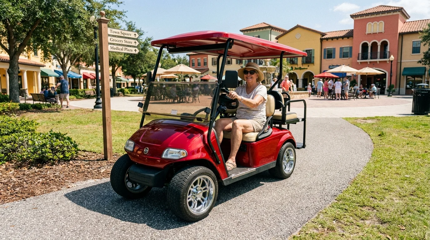 A woman drives a customized red golf cart along a path in The Villages, Florida, with signs pointing toward town amenities.