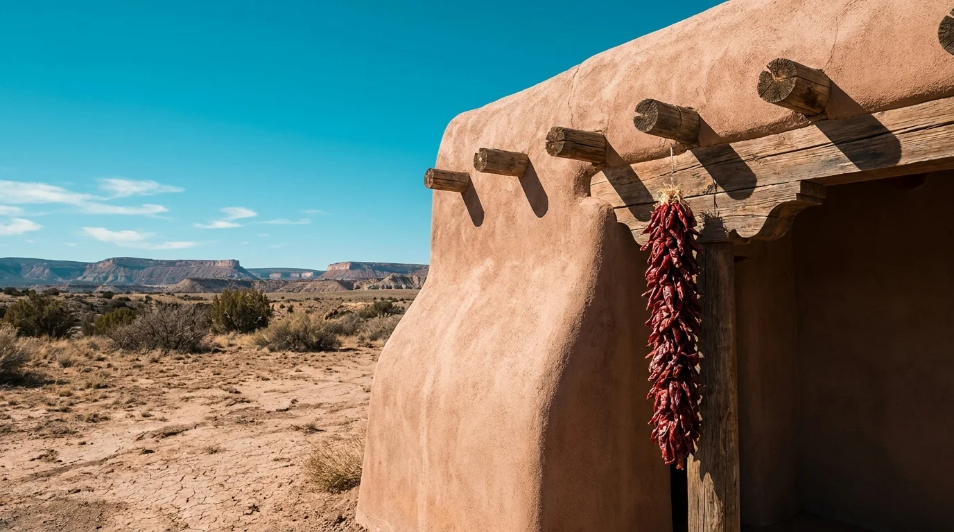 Adobe architecture and dried red chilis in New Mexico, highlighting the state's unique culture and high-desert climate.