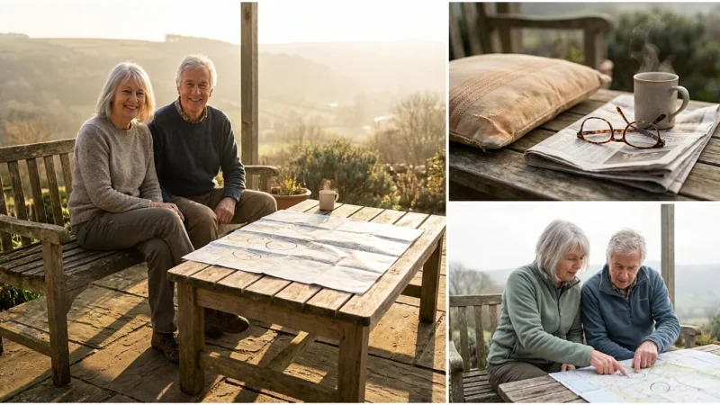 An active senior couple stands at a scenic overlook during golden hour, reviewing a travel map together.