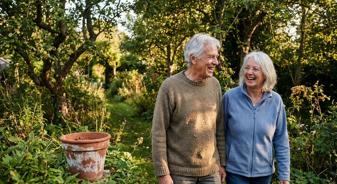 An active senior couple walks through a sunlit garden, engaged in a serious but positive conversation.