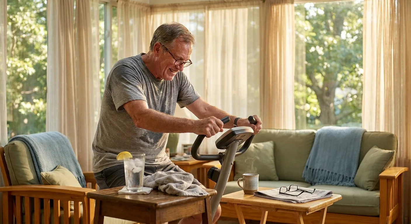 An active senior man exercising on a stationary bike in a sunlit home sunroom.