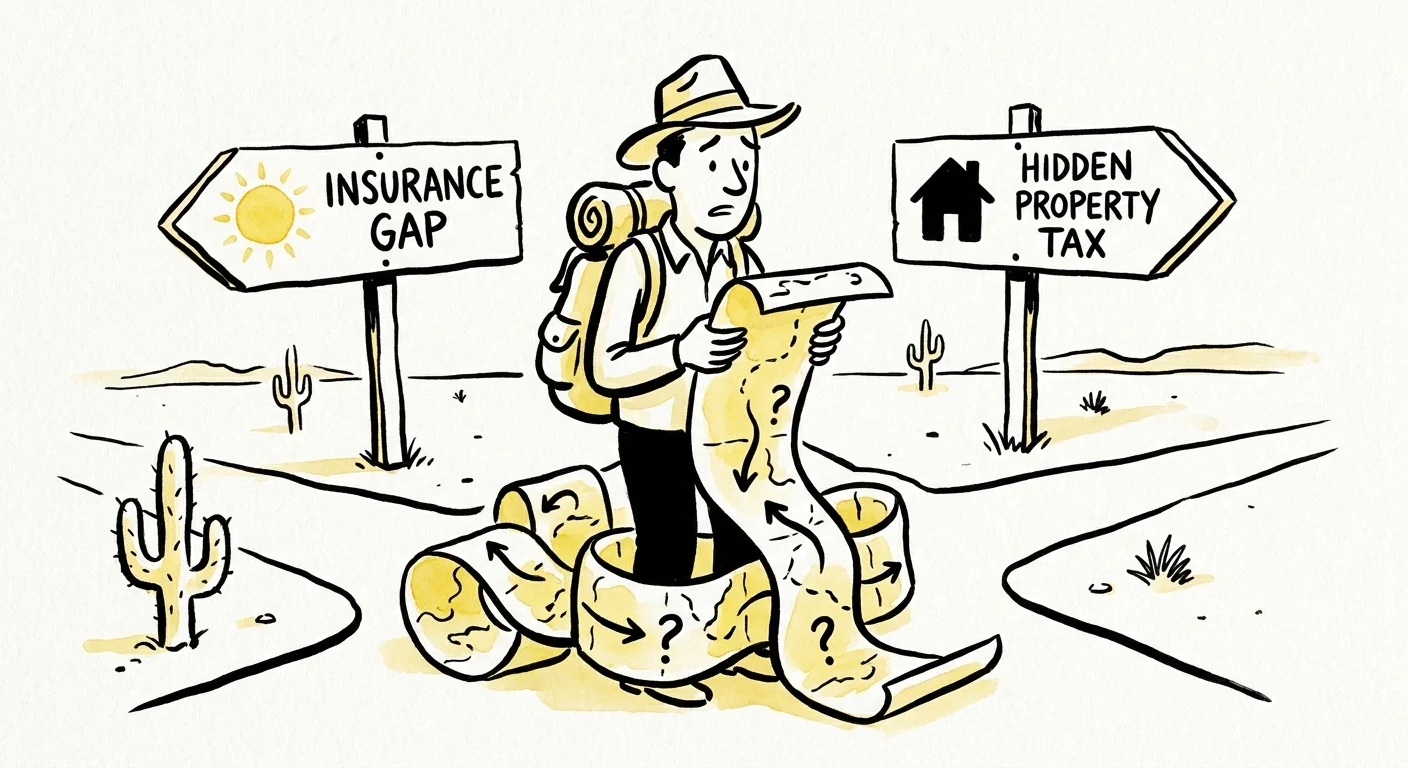 An illustration of a person at a crossroads with signs for 'Insurance Gap' and 'Hidden Property Tax'.