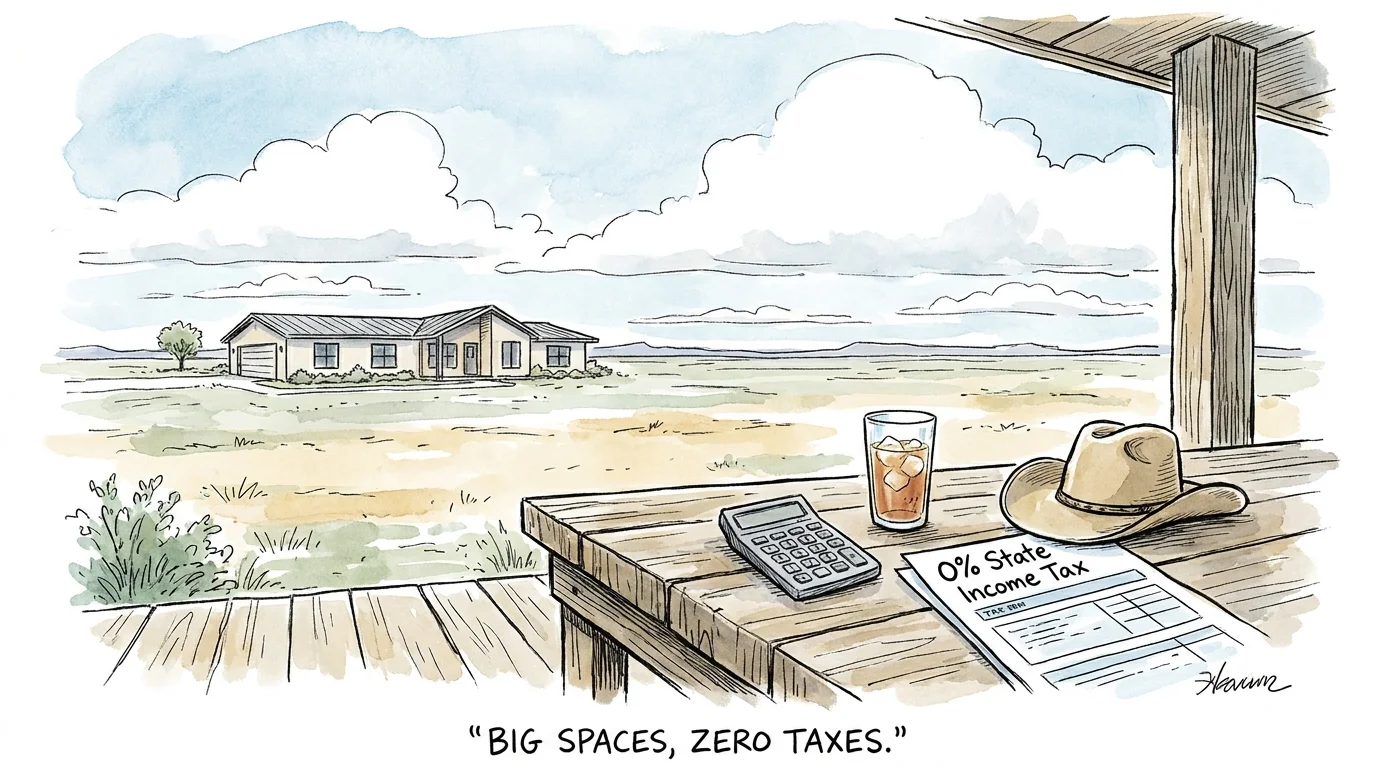 An illustration of a Texas ranch home with a tax form on a table showing zero state income tax.