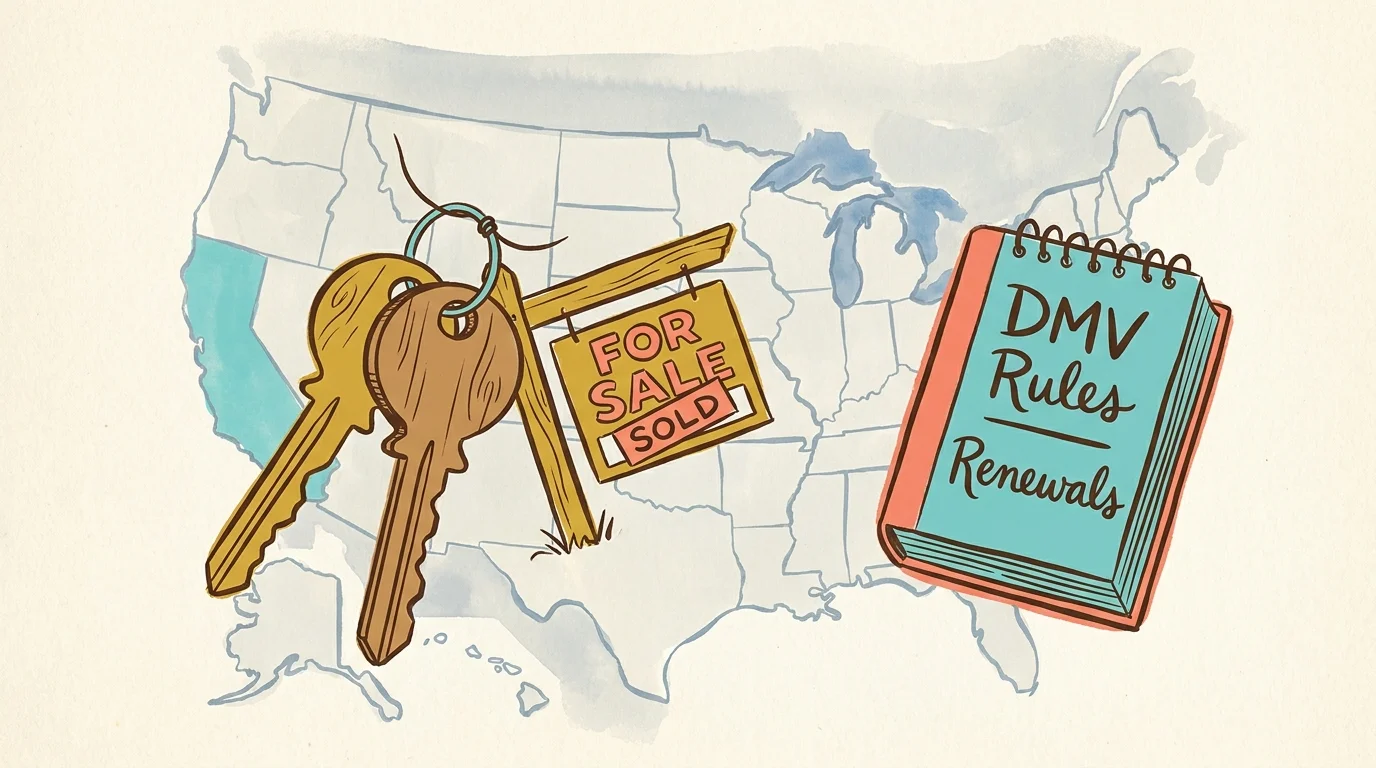 An illustration showing house keys and a 'DMV Rules' checklist over a map of the United States.