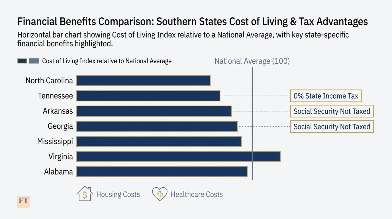 An infographic comparing the cost of living and tax benefits of various Southern states for retirees.