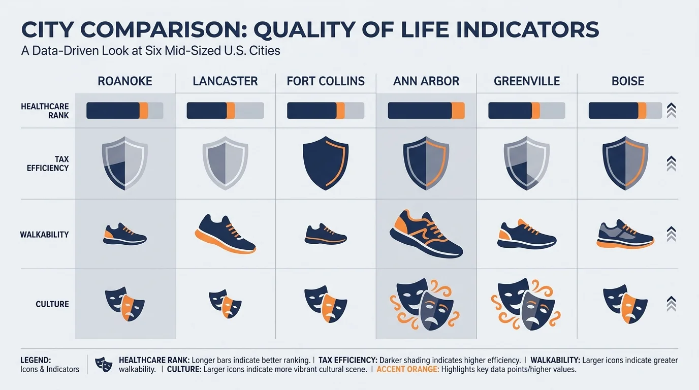 An infographic grid comparing the six cities across healthcare, taxes, walkability, and culture categories.