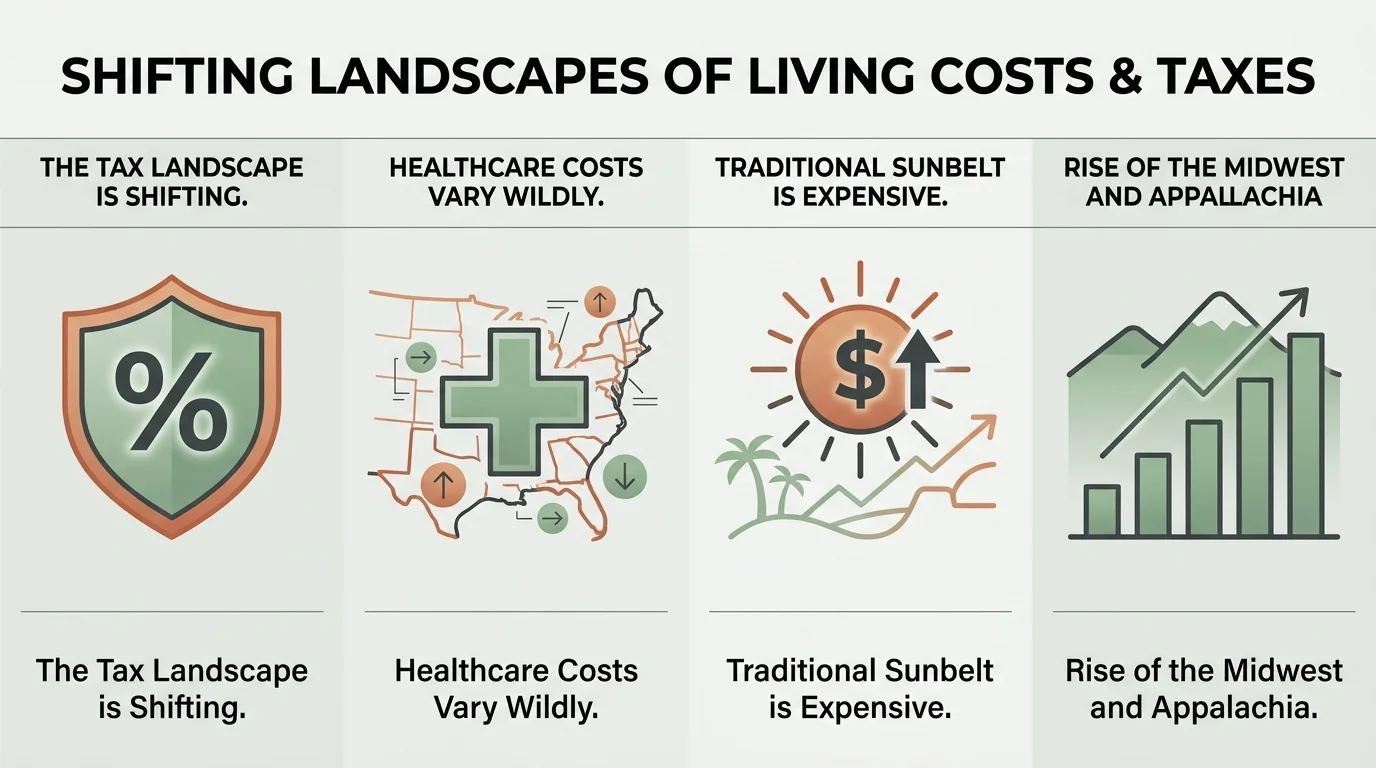 An infographic showing four key retirement trends: shifting taxes, varying healthcare costs, expensive Sunbelt, and rising Midwest popularit