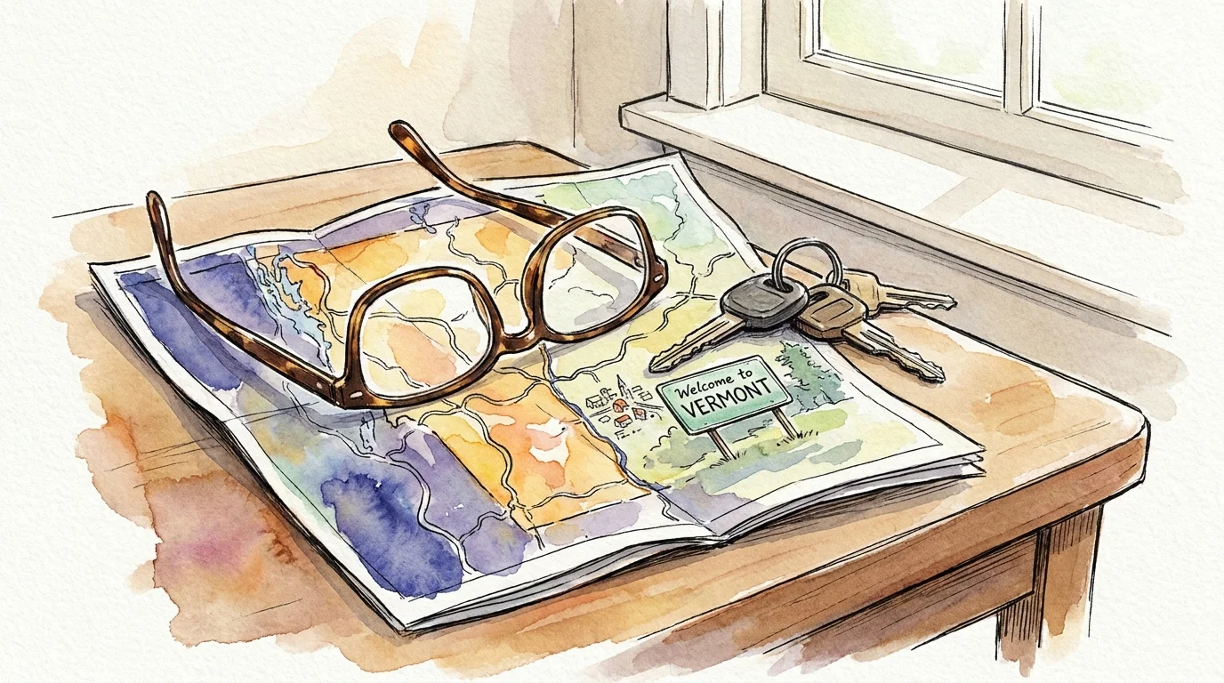 An ink and watercolor illustration of eyeglasses resting on a road map and car keys.
