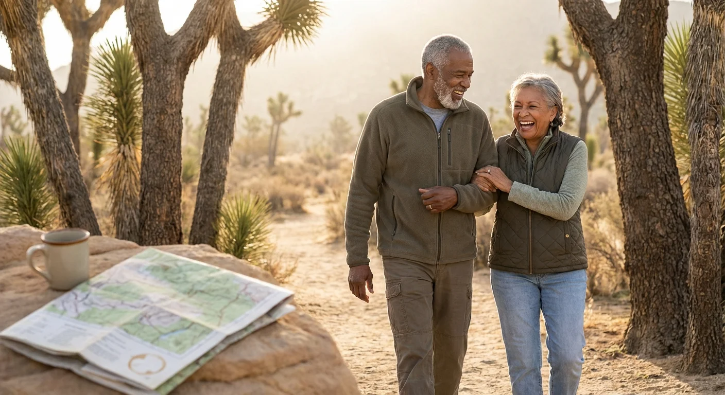 An older couple laughs while hiking past Joshua trees in the bright morning sun.