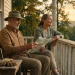 An older couple relaxes on a Southern porch overlooking hazy blue hills at sunset, symbolizing a peaceful retirement relocation.