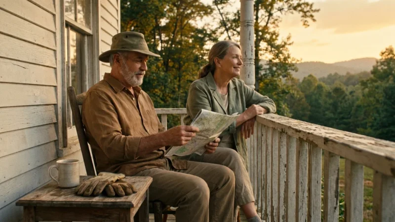 An older couple relaxes on a Southern porch overlooking hazy blue hills at sunset, symbolizing a peaceful retirement relocation.