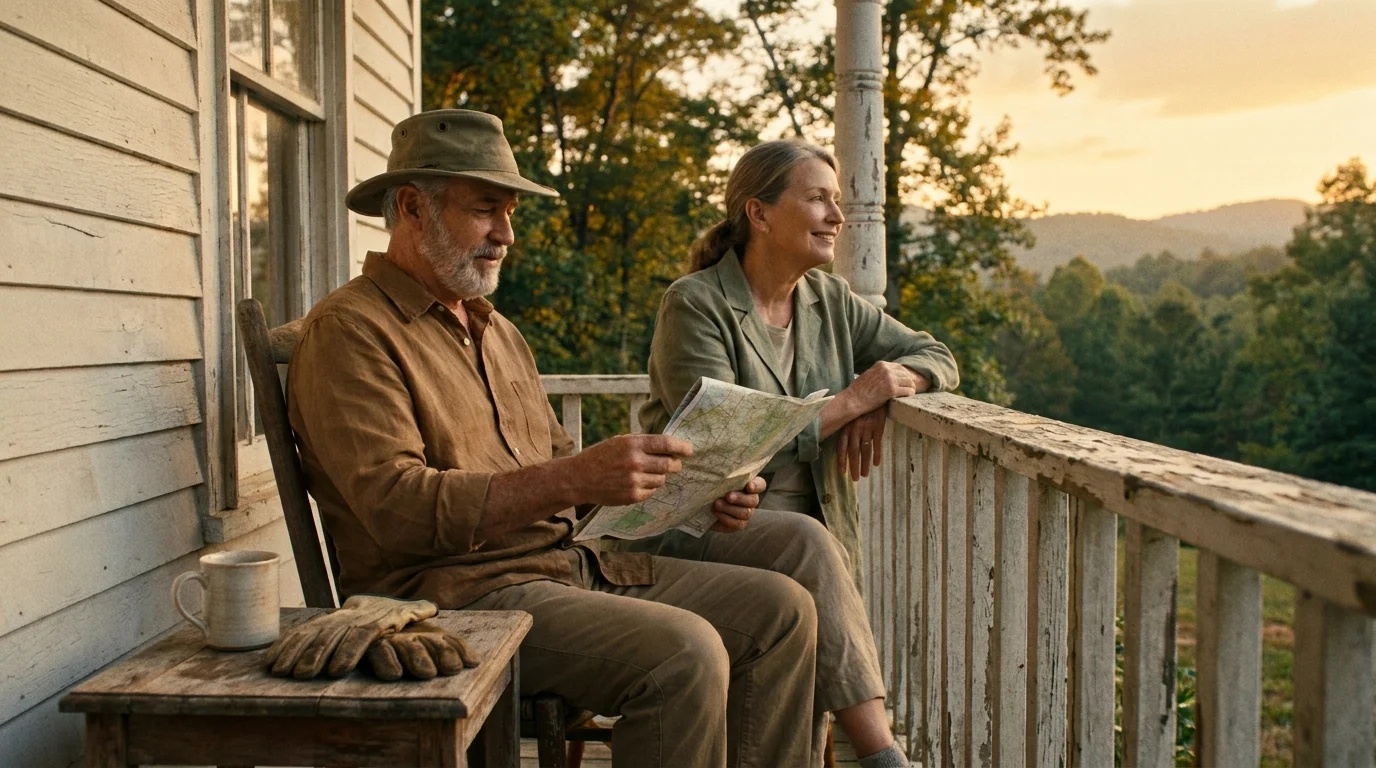 An older couple relaxes on a Southern porch overlooking hazy blue hills at sunset, symbolizing a peaceful retirement relocation.