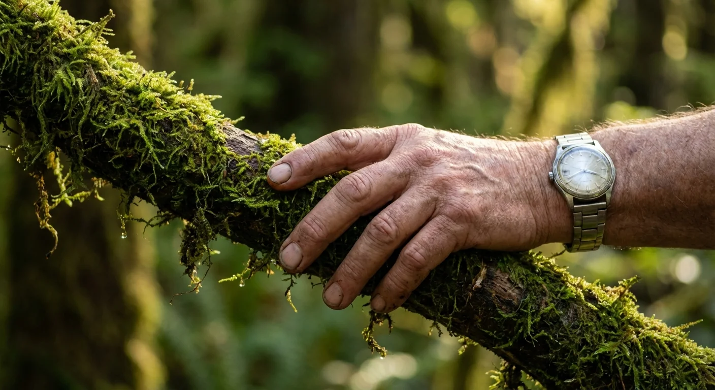 Close-up of a hand touching moss in a lush, green Pacific Northwest forest.