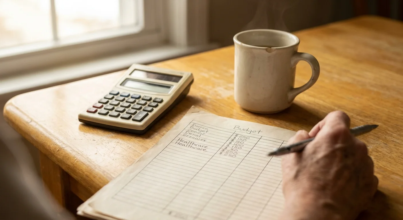 Close-up of a handwritten retirement budget showing healthcare costs next to a coffee mug.