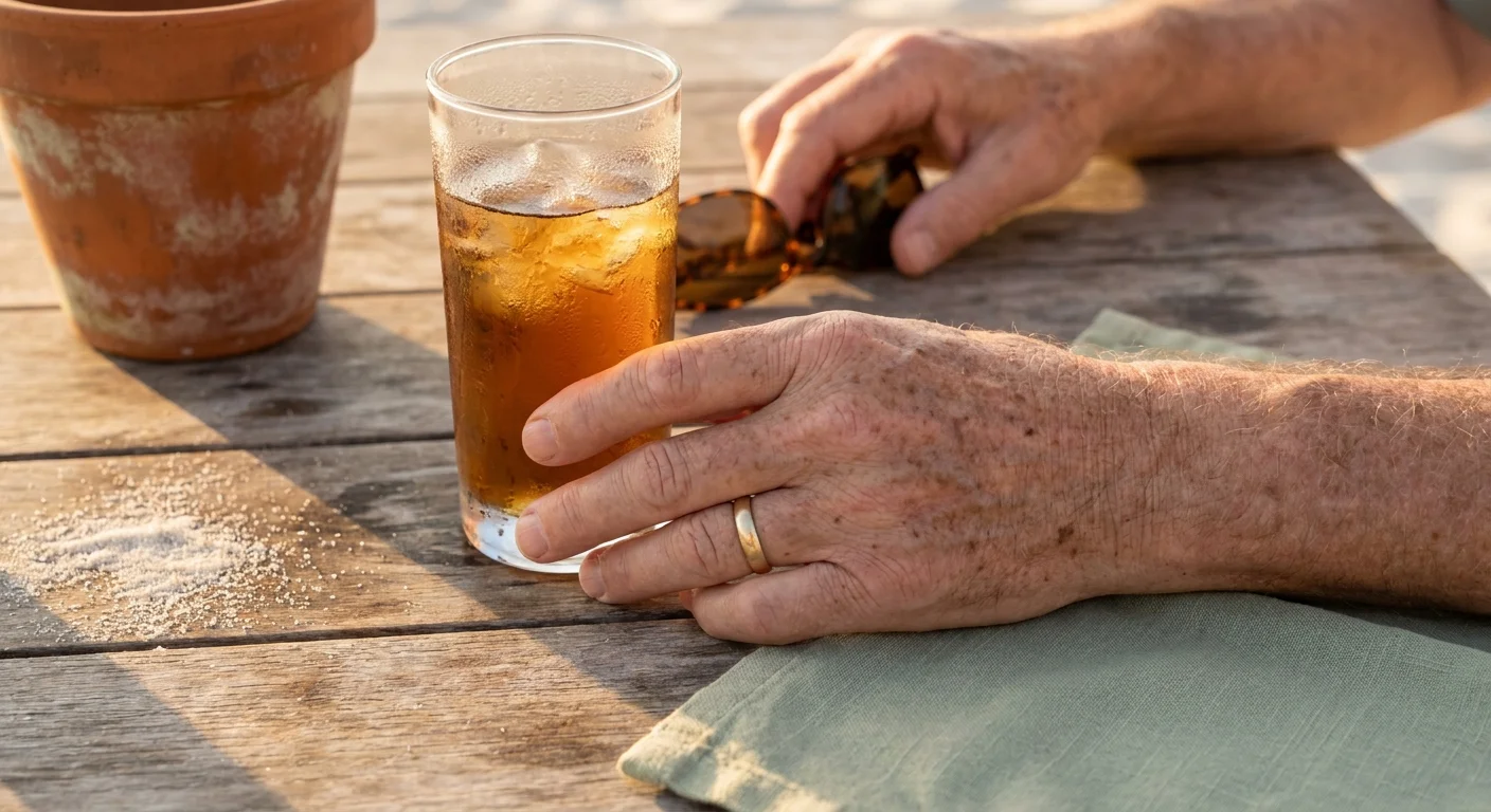 Close-up of a senior's hand next to a cold drink and sunglasses on a sandy outdoor table in Sarasota.