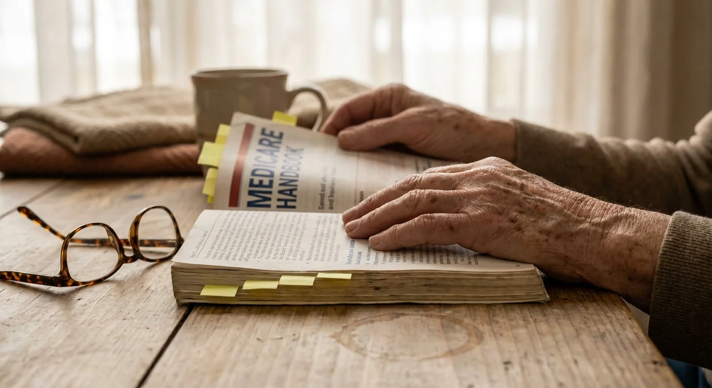 Close-up of a senior's hands and reading glasses on a Medicare handbook with colorful tabs.