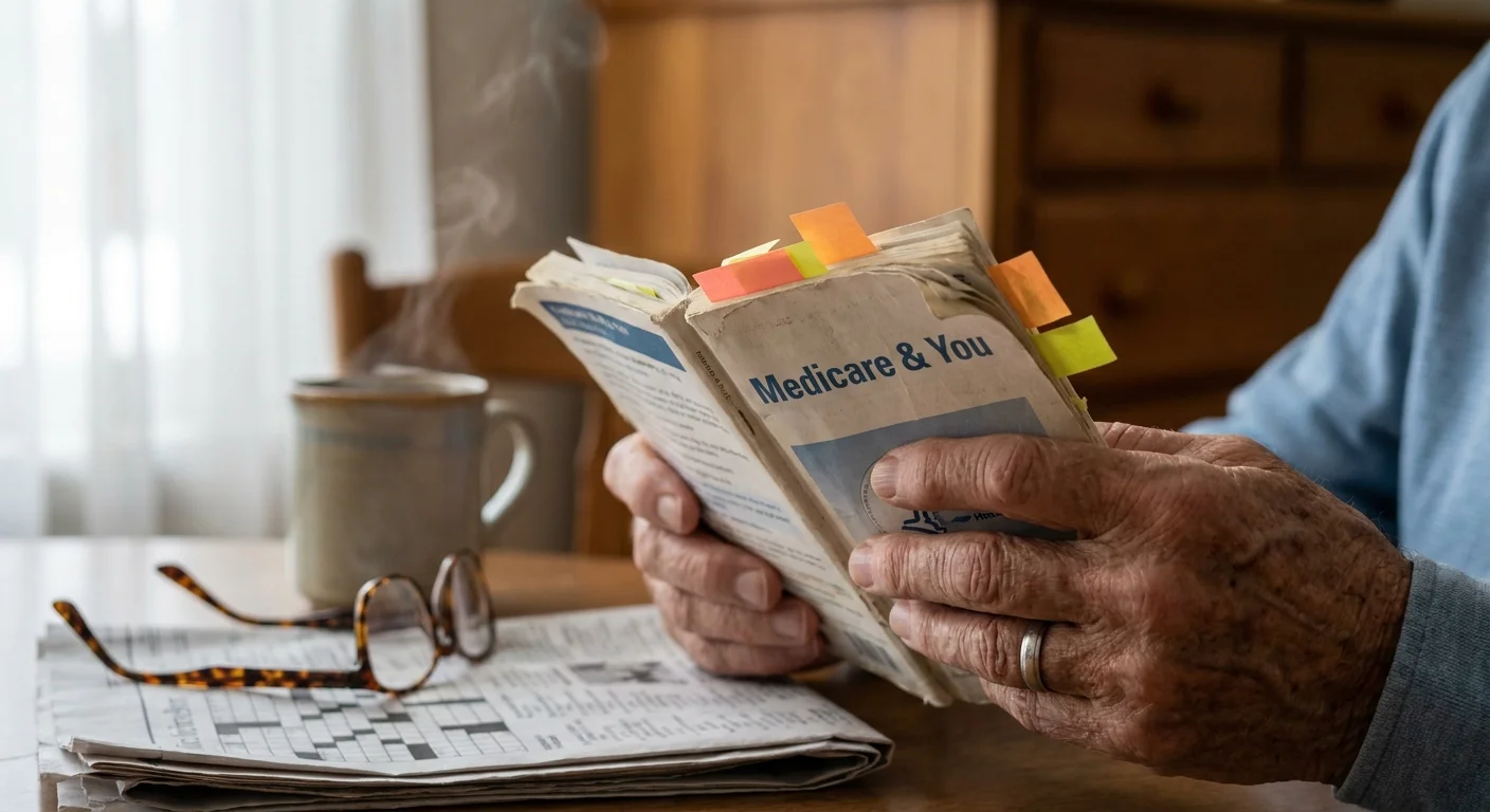 Close-up of a senior's hands holding a Medicare handbook with sticky note tabs.
