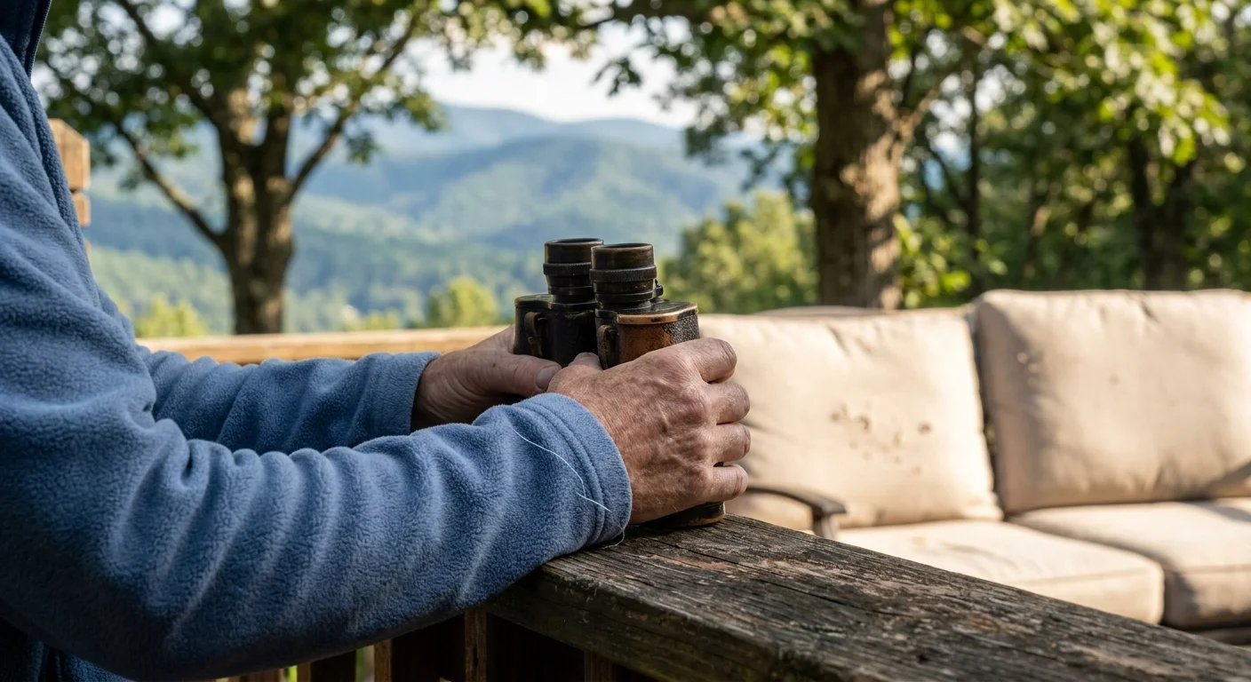 Close-up of a senior's hands holding binoculars against a backdrop of mountain greenery.
