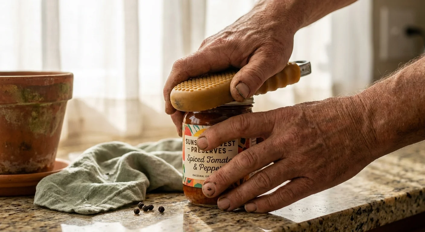 Close-up of senior hands easily opening a jar with an ergonomic kitchen tool.