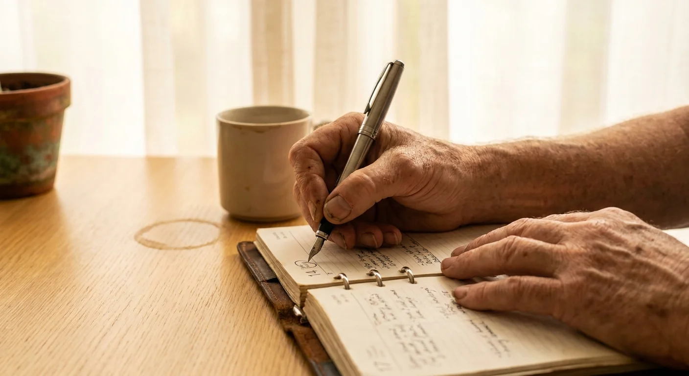 Close-up of weathered hands using a pen to mark a leather planner on a wooden table with a faint coffee ring.