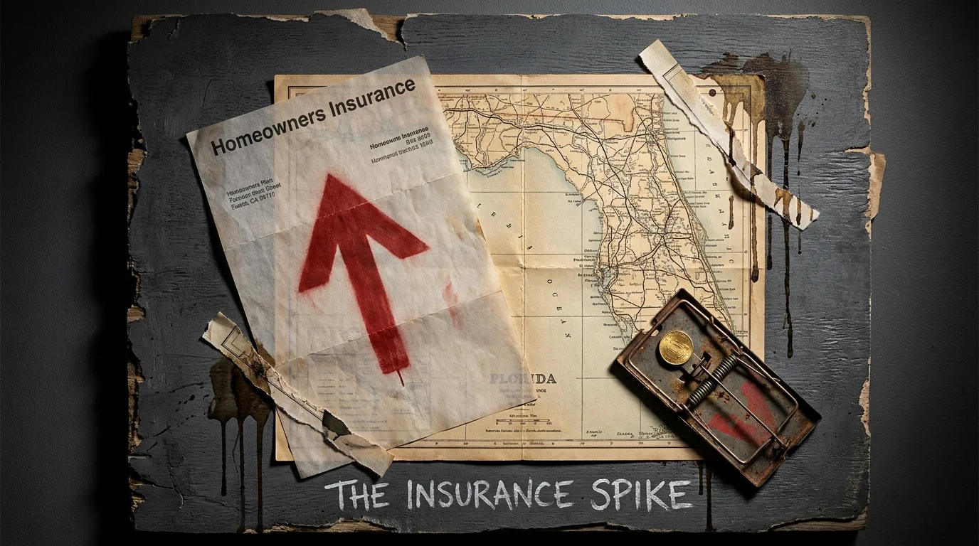 Conceptual mixed media art showing a map of Florida and an insurance bill inside a mouse trap.
