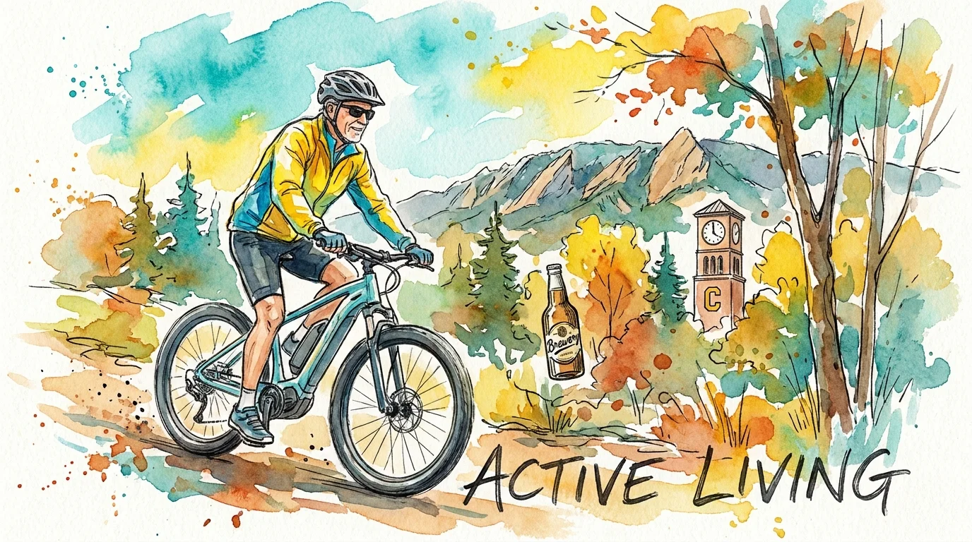 Energetic watercolor of a senior riding a bike on a trail with the Rocky Mountains in the distance.