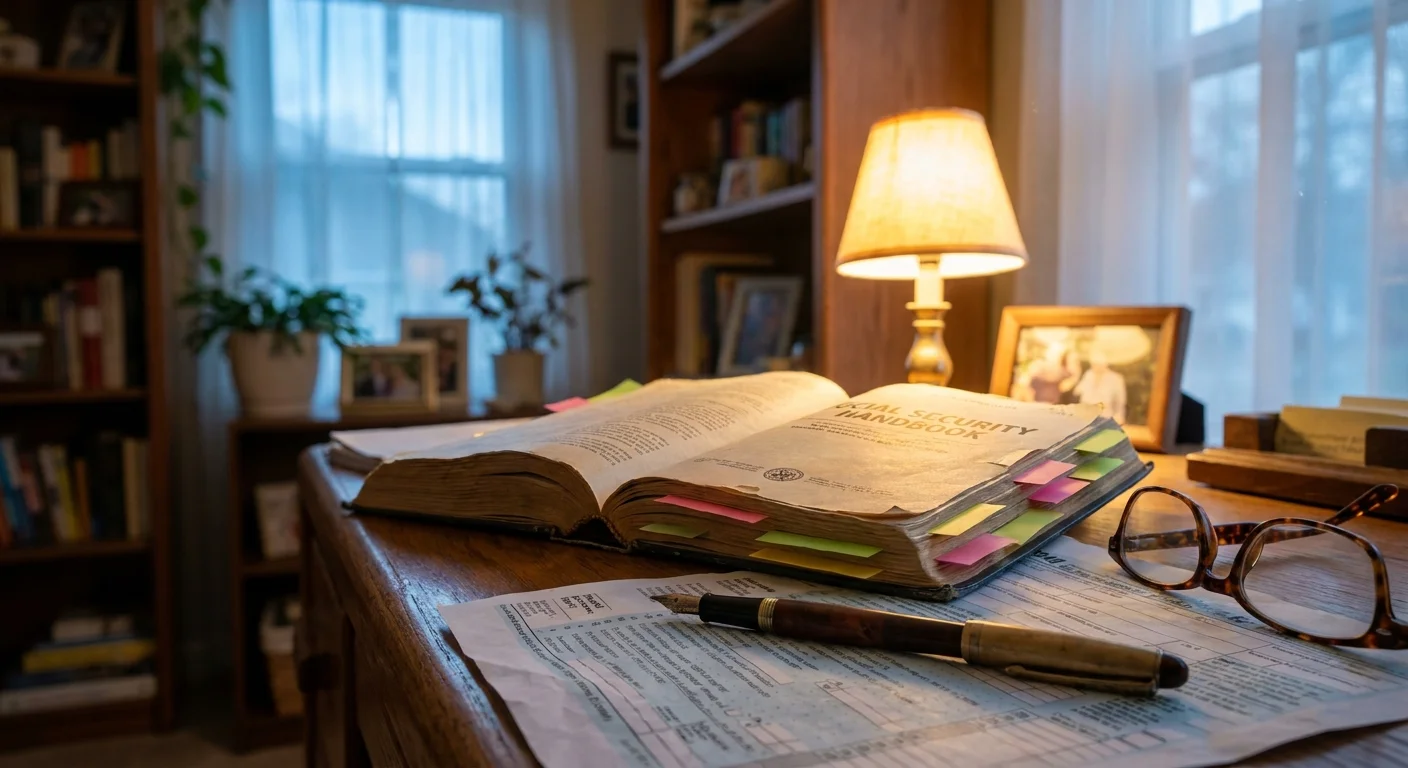 Macro shot of a Social Security handbook with sticky tabs and an ink pen under a warm lamp.