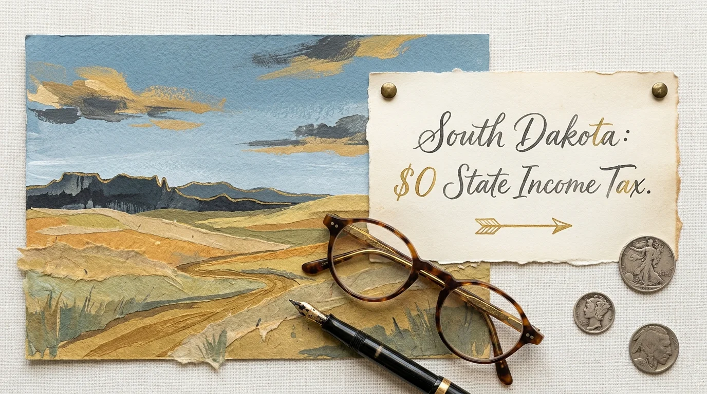 Mixed media art featuring the South Dakota landscape and text highlighting its zero state income tax.