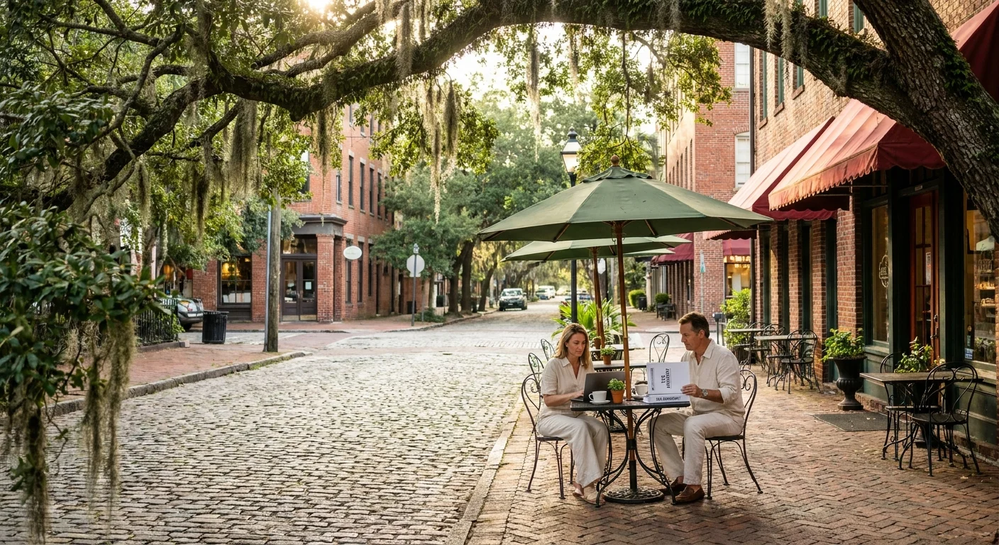 Sunlight filters through Spanish moss in a Georgia town square, evoking the state's hidden charm.