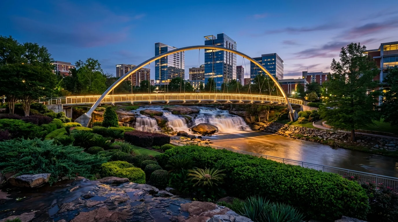 The Liberty Bridge in Greenville at twilight, overlooking the Reedy River falls and the modern city skyline.