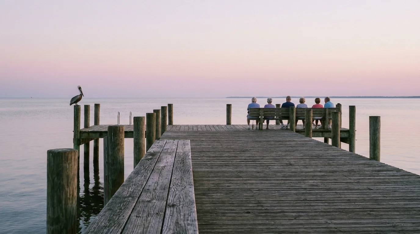 The long wooden pier in Fairhope, Alabama, stretching into Mobile Bay at sunset under a lavender sky.