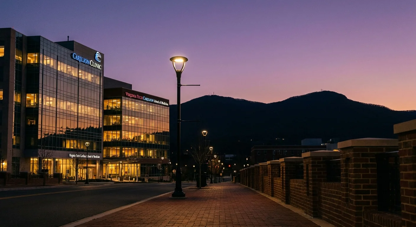 The Roanoke skyline at dusk with the Blue Ridge Mountains in the background and the modern Carilion Clinic medical center.