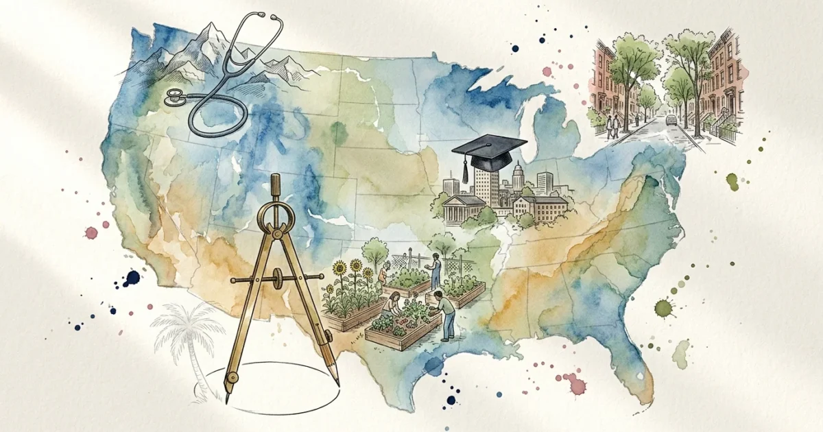 Watercolor illustration of a US map with symbols of healthcare, education, and community representing new retirement trends.